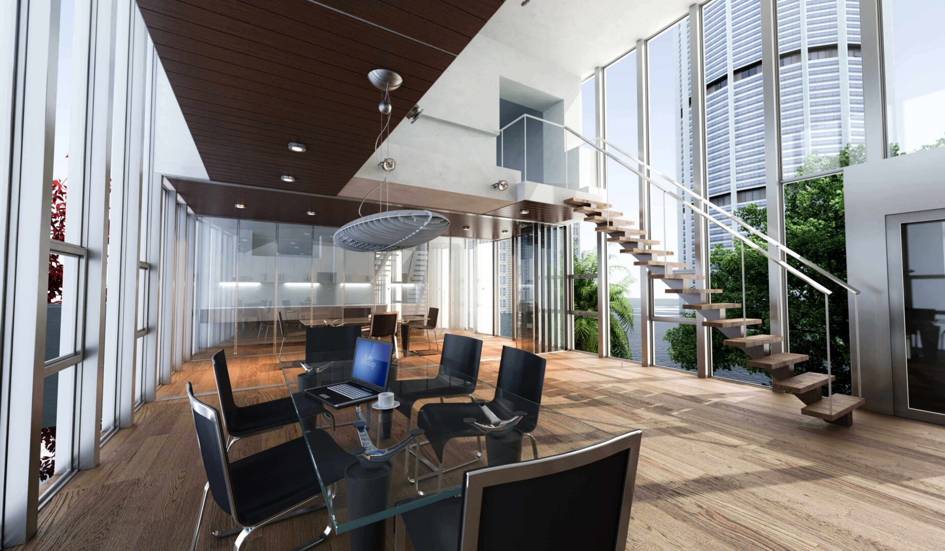 Modern office space with glass walls and stairs.