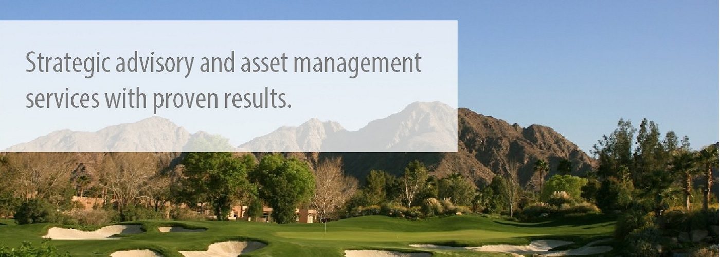 Golf course with strategic advisory services text.
